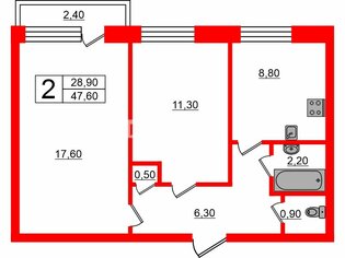 2-комн. кв. 47.6 м² 9/9 этаж