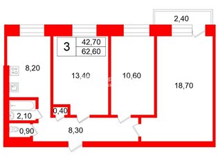3-комн. кв. 62.6 м² 3/9 этаж