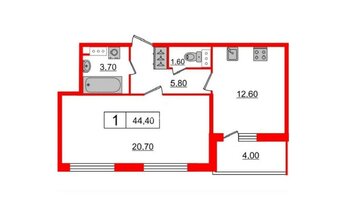 1-комн. кв. 44.4 м² 8/9 этаж