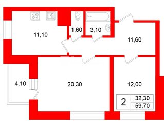2-комн. кв. 59.7 м² 23/24 этаж