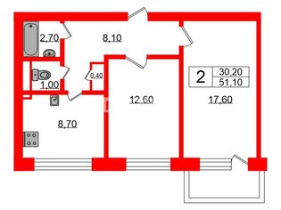 2-комн. кв. 51.1 м² 2/10 этаж