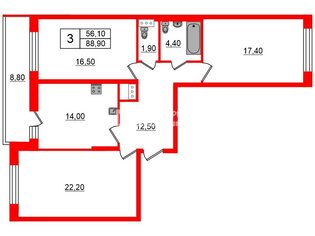 3-комн. кв. 88.9 м² 8/9 этаж