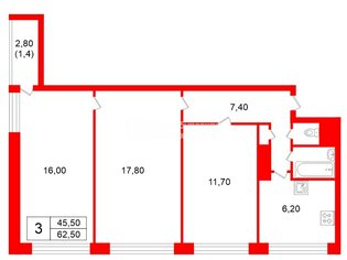 3-комн. кв. 62.5 м² 5/9 этаж