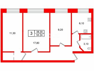 3-комн. кв. 56.3 м² 5/5 этаж