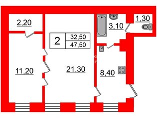 2-комн. кв. 47.5 м² 2/5 этаж