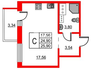  Студия 26 кв.м. у метро Девяткино