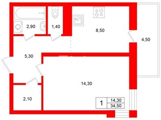 1-комн. кв. 34.5 м² 8/25 этаж