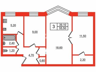 3-комн. кв. 55.5 м² 2/5 этаж