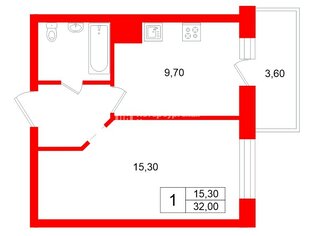 1-комн. кв. 32 м² 4/12 этаж