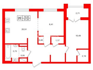 2-комн. кв. 51.5 м² 5/17 этаж