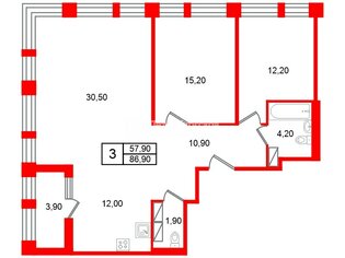 3-комн. кв. 86.9 м² 10/10 этаж