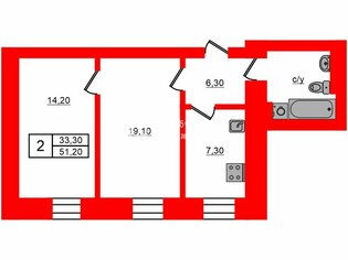 2-комн. кв. 51.2 м² 3/4 этаж