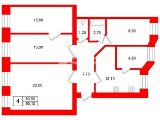 4-комн. кв. 90.1 м² 5/6 этаж