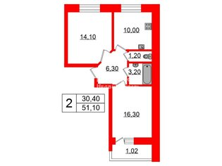 2-комн. кв. 51 м² 4/20 этаж