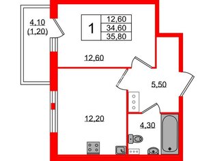 1-комн. кв. 34.6 м² 8/12 этаж