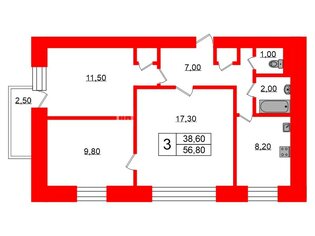 3-комн. кв. 56.8 м² 8/9 этаж