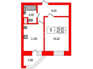 1-комн. кв. 43.3 м² 4/13 этаж