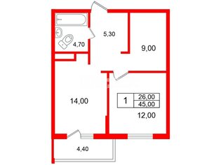1-комн. кв. 45.4 м² 3/15 этаж