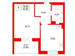 1-комн. кв. 43 м² 3/4 этаж