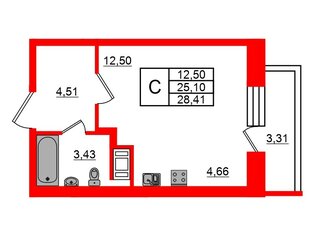 Студия 25.1 м² 6/17 этаж