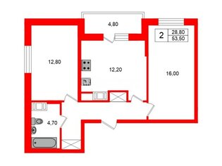 2-комн. кв. 53.5 м² 14/19 этаж