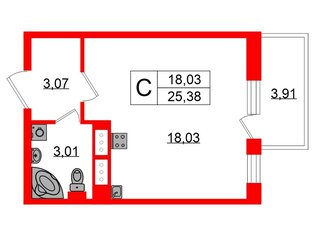 Студия 25.38 м² 9/12 этаж