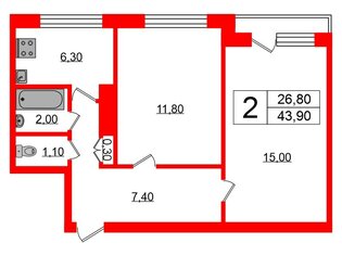 2-комн. кв. 43.9 м² 11/15 этаж