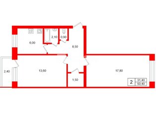 2-комн. кв. 50.4 м² 8/9 этаж