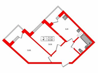 2-комн. кв. 43.9 м² 3/4 этаж