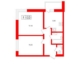 2-комн. кв. 53 м² 12/25 этаж