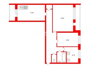3-комн. кв. 56.8 м² 9/10 этаж