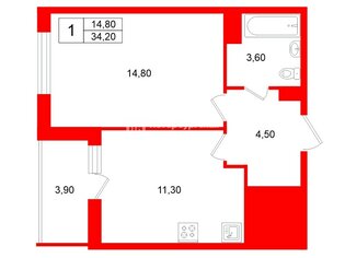 1-комн. кв. 34.2 м² 11/12 этаж