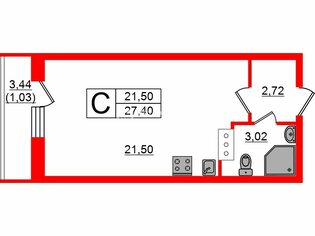 Студия 27.4 м² 14/18 этаж