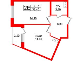 1-комн. кв. 38.4 м² 3/13 этаж