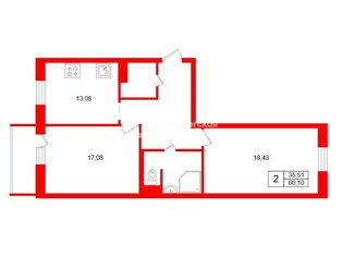 2-комн. кв. 60.1 м² 6/15 этаж
