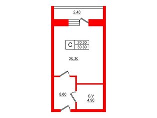 Студия 30.8 м² 2/3 этаж