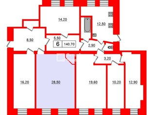 Комната 28.5 м² в 6-комн. кв. 5/5 этаж