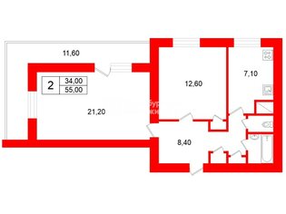 2-комн. кв. 55 м² 11/14 этаж