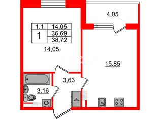 1-комн. кв. 36.7 м² 5/5 этаж