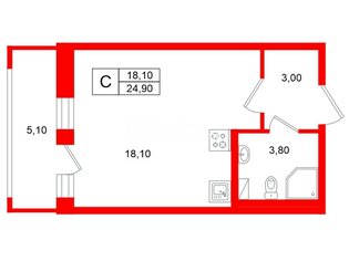 Студия 24.9 м² 2/14 этаж