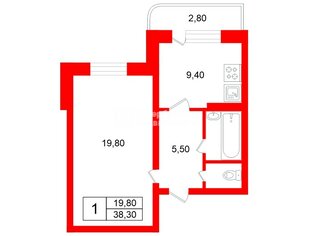 1-комн. кв. 38.3 м² 3/9 этаж