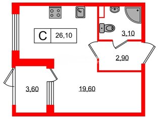 Студия 26.1 м² 1/4 этаж