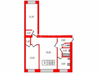 3-комн. кв. 56.6 м² 1/5 этаж