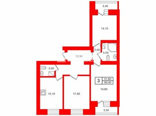 3-комн. кв. 90.4 м² 2/13 этаж