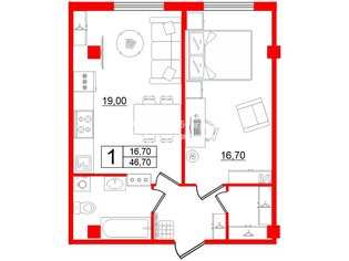 1-комн. кв. 46.7 м² 14/15 этаж