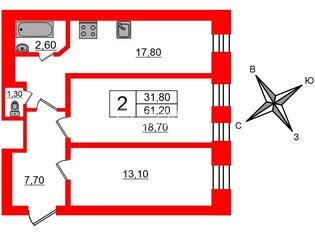 2-комн. кв. 61.2 м² 4/6 этаж