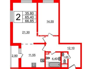 2-комн. кв. 66.85 м² 2/14 этаж