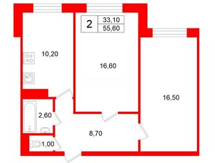 2-комн. кв. 55.6 м² 3/13 этаж