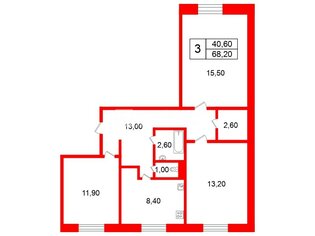 3-комн. кв. 68.2 м² 3/12 этаж