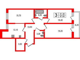 3-комн. кв. 87.6 м² 3/14 этаж